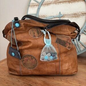 Gabs Italy Burnt Orange Textured Leather Handbag World Travel Stamp Bag NEW!